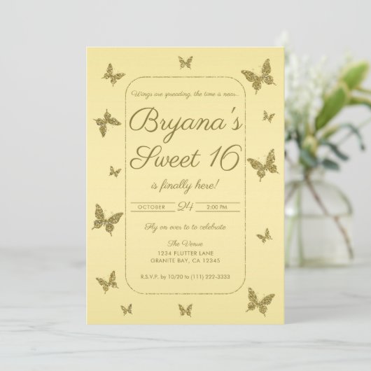 Geel & Goud Glitter Vlinder Sweet 16 Feest Kaart (Staand voorkant)