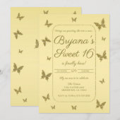 Geel & Goud Glitter Vlinder Sweet 16 Feest Kaart (Voorkant / Achterkant)
