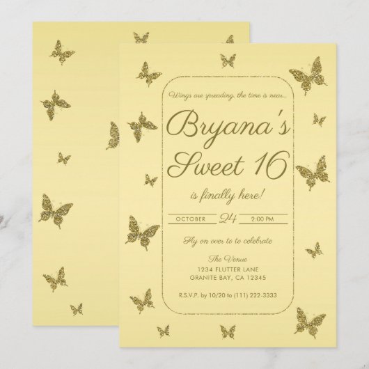 Geel & Goud Glitter Vlinder Sweet 16 Feest Kaart (Voorkant / Achterkant)