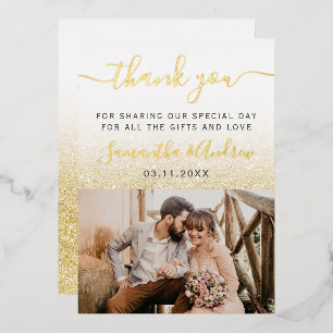 Geel goud glitters witte ombre script bedankt folie uitnodiging