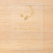 Geel Goud Klassieke Bloemenkrans Monogram Huwelijk Acryl Uitnodigingen (Voorkant)