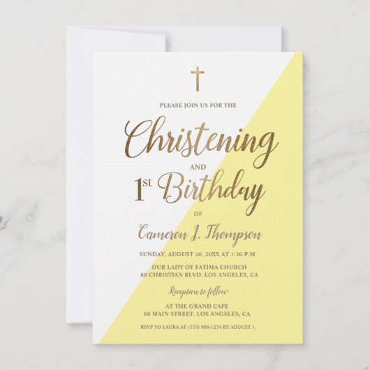 Geel goud kruis Christening en 1e verjaardag Kaart (Voorkant)