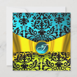 GEEL GOUD LINT TEAL BLAUW ZWART DAMAST MONOGRAM KAART
