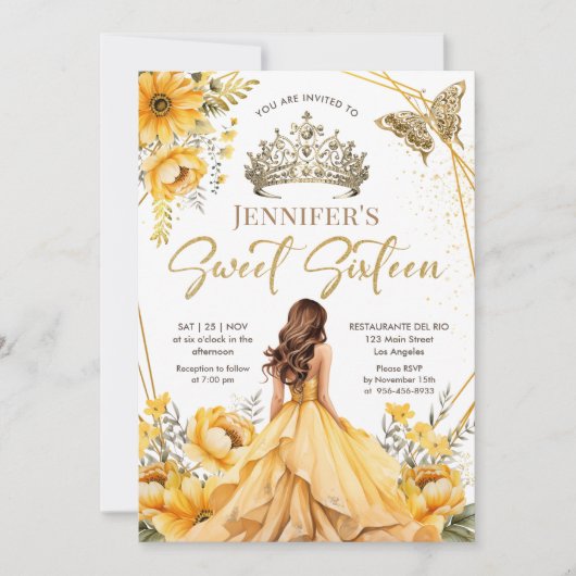Geel Goud Meisje Prinses Tiara Bloemen Zoet 16 Kaart (Voorkant)