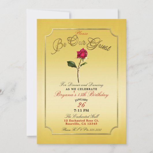 Geel Goud Rood Rose Beauty Verjaardagsfeest Kaart (Voorkant)