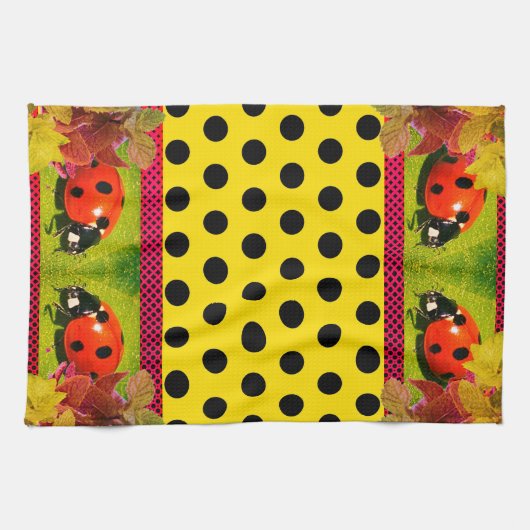 Geel goud W/ Polka Dots LadyBug Theedoek (Horizontaal)