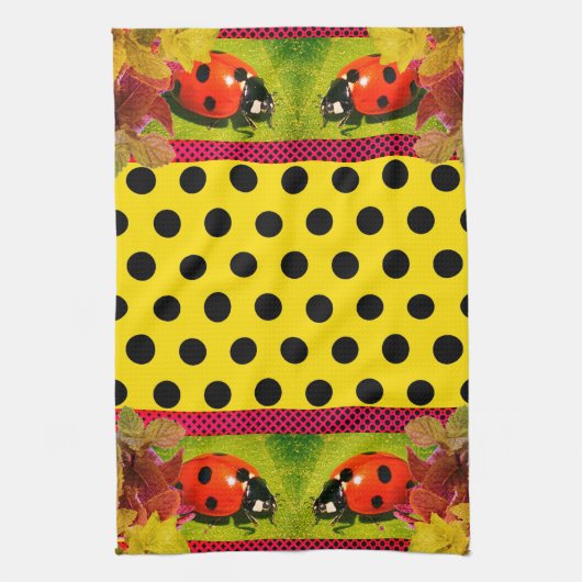Geel goud W/ Polka Dots LadyBug Theedoek (Verticaal)