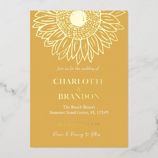 Geel Goud Zonnebloem Bruiloft Folie Uitnodiging (Voorkant)