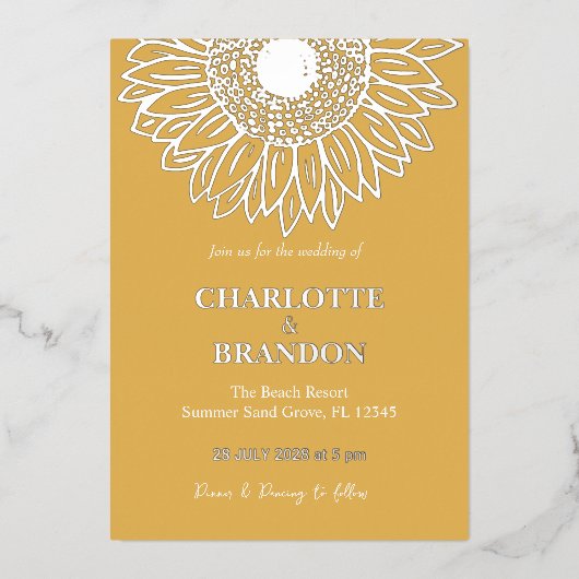 Geel Goud Zonnebloem Bruiloft Folie Uitnodiging (Voorkant)