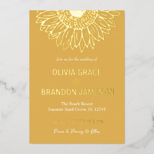 Geel Goud Zonnebloem Moderne Bloemen Bruiloft Folie Uitnodiging