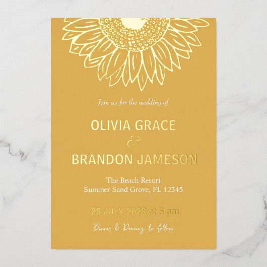 Geel Goud Zonnebloem Moderne Bloemen Bruiloft Folie Uitnodiging (Voorkant)