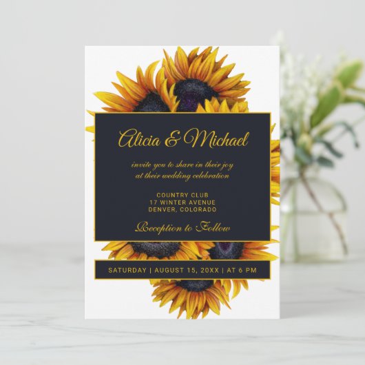 Geel Goud Zonnebloemen | Moderne zomerbruiloft Kaart (Staand voorkant)
