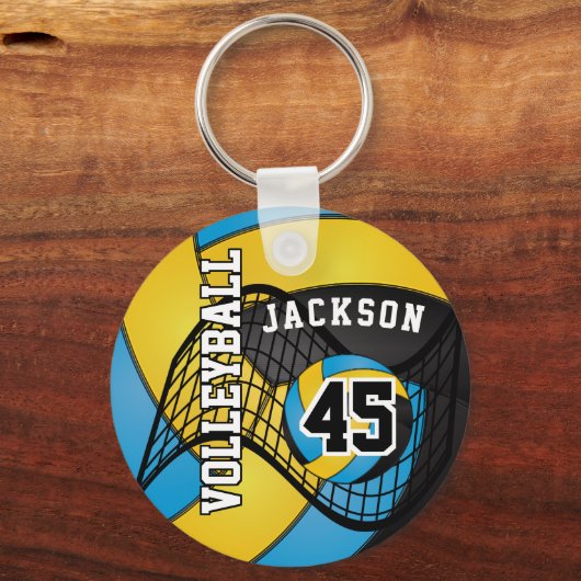 Geel goud, zwart en blauw volleybal sleutelhanger (Voorkant)
