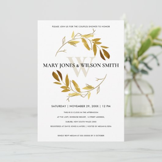 GEEL GOUDE FOLIAGE WREATH COUPLS SHOWER KAART (Staand voorkant)