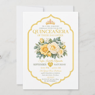 Geel Gouden Kroon Bloemige Quinceañera Prinses Kaart