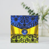 GEEL GOUDEN LINT BLAUW ZWART DAMAST MONOGRAM KAART (Staand voorkant)