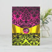 GEEL GOUDEN LINT FUCHSIA ZWART DAMAST MONOGRAM KAART (Staand voorkant)