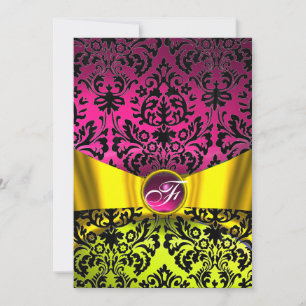 GEEL GOUDEN LINT FUCHSIA ZWARTE DAMAST MONOGRAM KAART