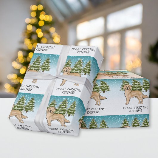 Geel Gouden Retriever Hond Kerst Aangepaste tekst Cadeaupapier