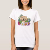 Geel Gouden Retriever Hoofd met kleurrijke bloemen T-shirt (Voorkant)