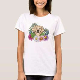 Geel Gouden Retriever Hoofd met kleurrijke bloemen T-shirt
