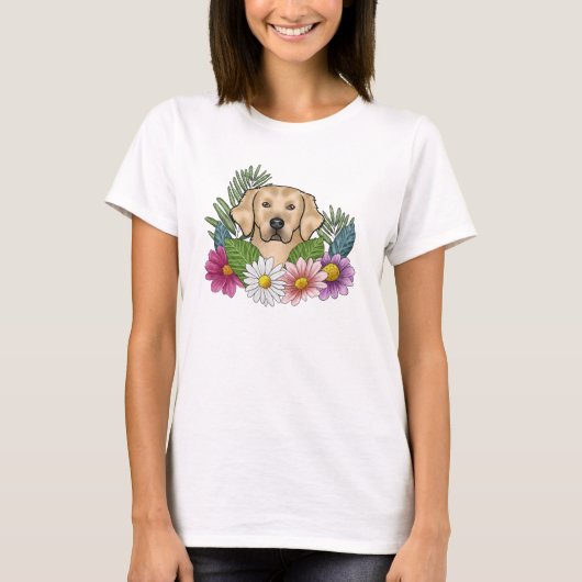 Geel Gouden Retriever Hoofd met kleurrijke bloemen T-shirt (Voorkant)