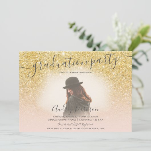 Geel goudglitter lichtroze afstuderen kaart (Staand voorkant)