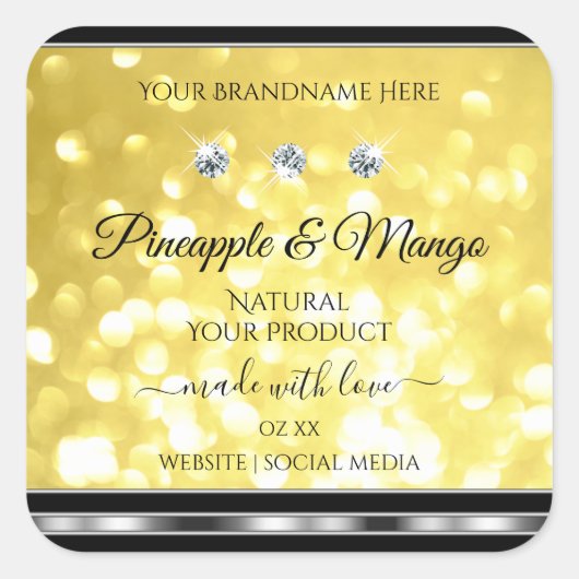 Geel goudglitter Product Labels diamanten zilver (Voorkant)