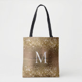 Geel goudglittergeborsteld metaal monogram script tote bag (Voorkant)