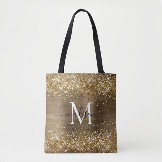 Geel goudglittergeborsteld metaal monogram script tote bag (Voorkant)