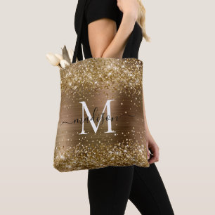 Geel goudglittergeborsteld metaal monogram script tote bag