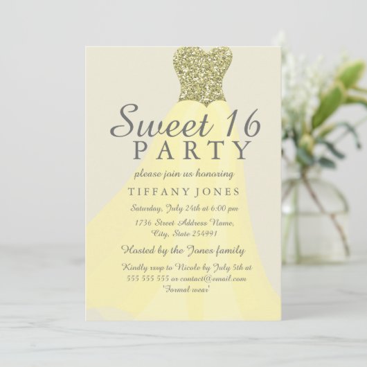 Geel goudmousserend glitter Gezoet 16 Invite Kaart (Staand voorkant)