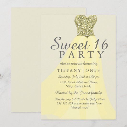 Geel goudmousserend glitter Gezoet 16 Invite Kaart (Voorkant / Achterkant)