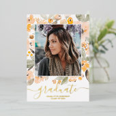 Geel greenery script 3 foto's afstuderen folie uitnodiging (Staand Voorkant)