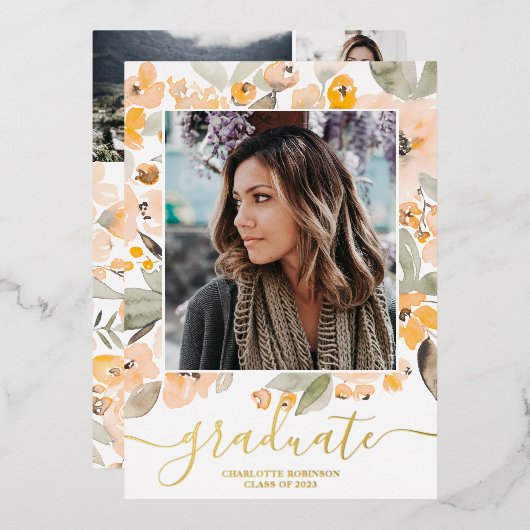 Geel greenery script 3 foto's afstuderen folie uitnodiging (Voorkant / Achterkant)