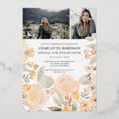 Geel greenery script 3 foto's afstuderen folie uitnodiging (Achterkant)