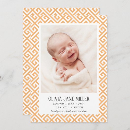 Geel Grieks Sleutel Baby Geboorte Aankondiging Fot (Voorkant / Achterkant)