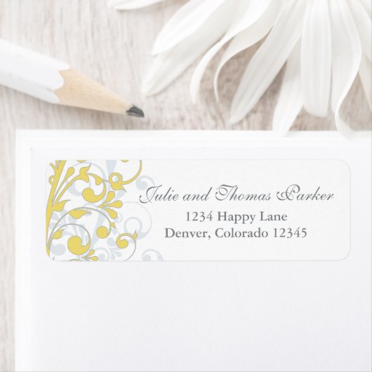 Geel Grijs Abstract Bloemen Bruiloft Retouradres Etiket (Insitu)