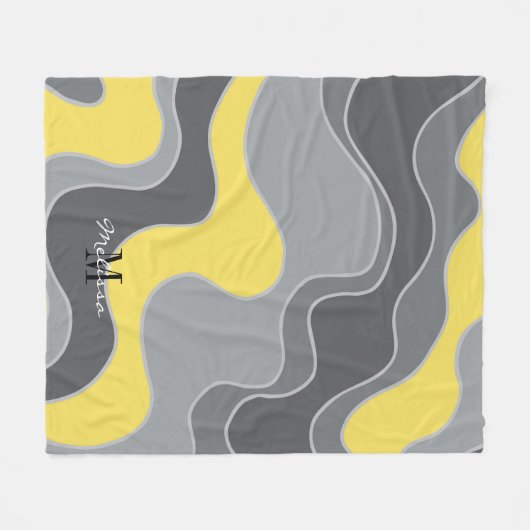 Geel grijs Abstract Ocean Waves Monogram Fleece Deken (Voorkant (Horizontaal))
