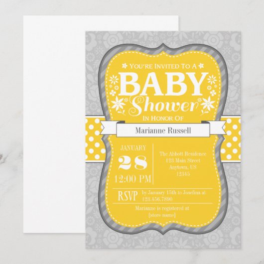 Geel grijs Baby shower Kaart (Voorkant / Achterkant)