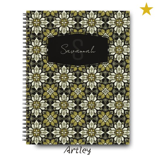 Geel Grijs Bloemen Spaans Tegel Naam Monogram Notitieboek