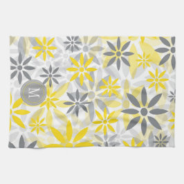 Geel grijs bloemig grafisch monogram theedoek