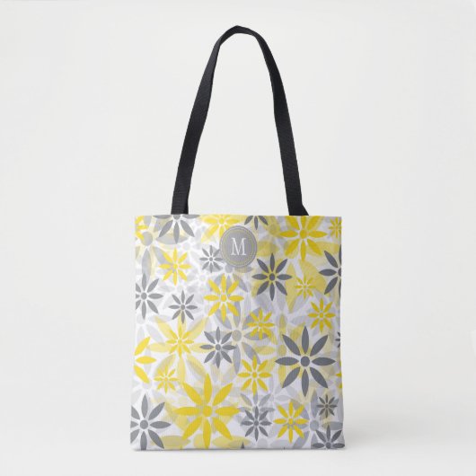 Geel grijs bloemig grafisch monogram tote bag (Voorkant)