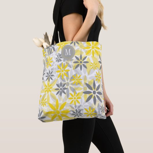 Geel grijs bloemig grafisch monogram tote bag (Dichtbij)