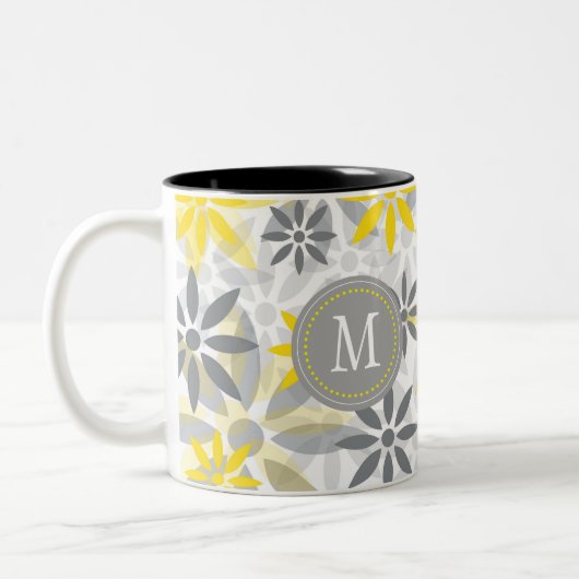 Geel grijs bloemig grafisch monogram tweekleurige koffiemok (Links)