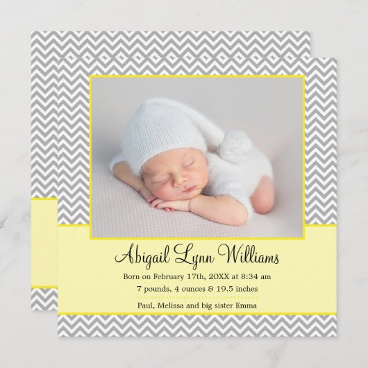 Geel grijs chevron meisje foto geboorte aankondigi aankondiging (Voorkant / Achterkant)