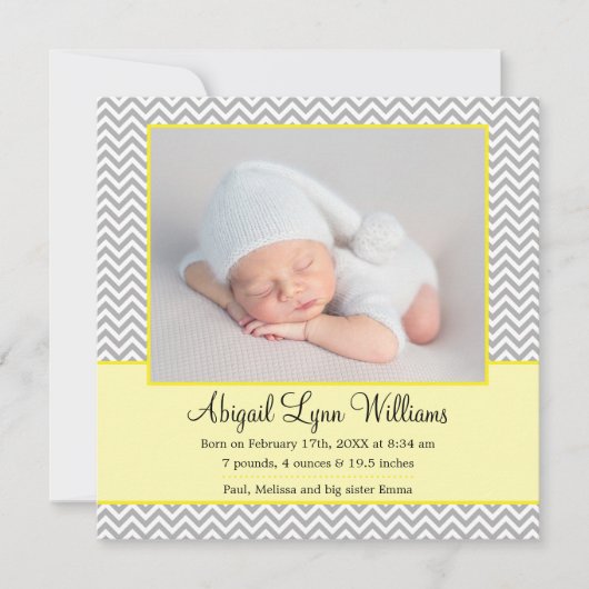 Geel grijs chevron meisje foto geboorte aankondigi aankondiging (Voorkant)