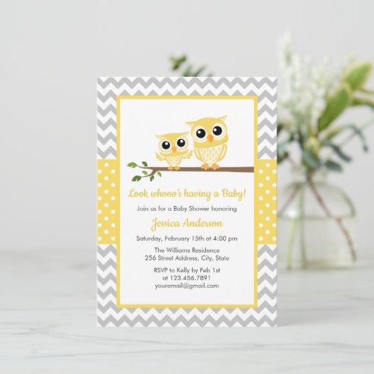 Geel grijs Chevron Neutral Cute Owl Baby shower Kaart (Staand voorkant)