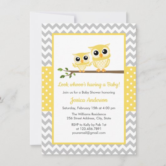 Geel grijs Chevron Neutral Cute Owl Baby shower Kaart (Voorkant)