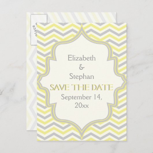Geel grijs chevron zigzag bruiloft Save the Date Aankondigingskaart (Voorkant / Achterkant)